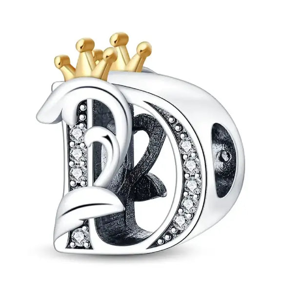 D Letter Gold Crown charm letter - D Silver charm letter with gold Crown for pandora bracelets