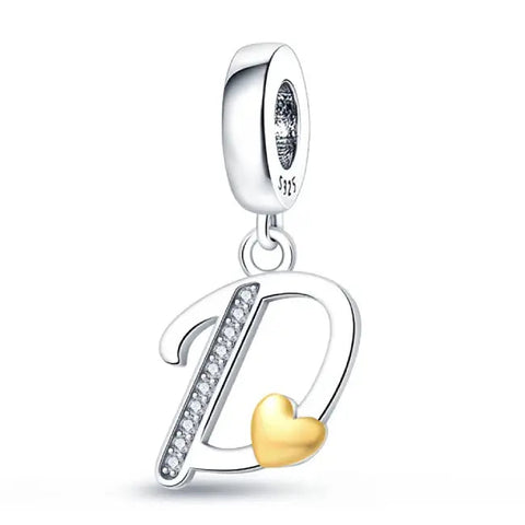 Silver letter D charm Gold heart - Silver letter D charm Gold heart