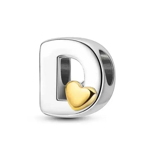 D Silver charm letter with gold heart for pandora bracelets