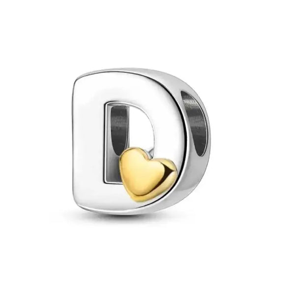 D Letter Gold Heart charm letter - D Silver charm letter with gold heart for pandora bracelets