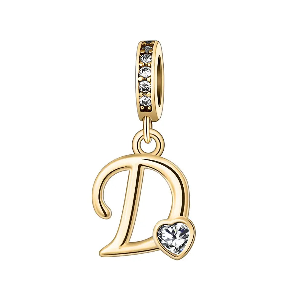 Gold D Letter Charm with pendant crystal Heart