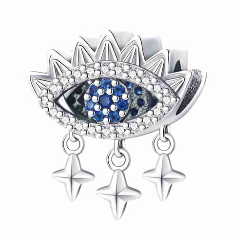 Sterling silver dangling evil eye charm with blue and white crystals and three star accents for charm bracelets.