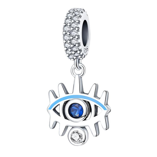 Sterling silver dangling evil eye charm with blue enamel accent and pave crystal detailing, ideal for charm bracelets or necklaces.
