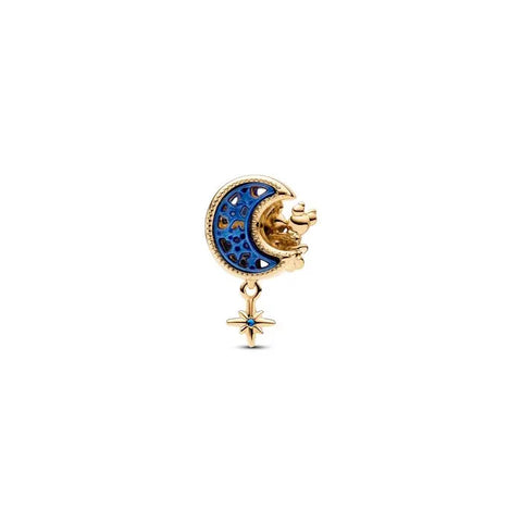 Crescent moon charm with Mickey and Minnie, a lovely celestial-themed piece in Pandora Shine