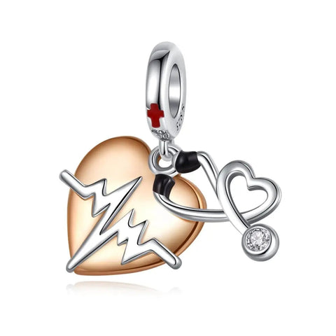 Rose Gold Heartline Charm - A doctor's heartbeat charm with a stethoscope detail in rose gold.