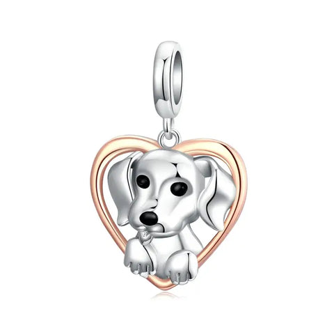 Dog in Rose Gold Heart Charm - Dog in Rose Gold Heart Charm