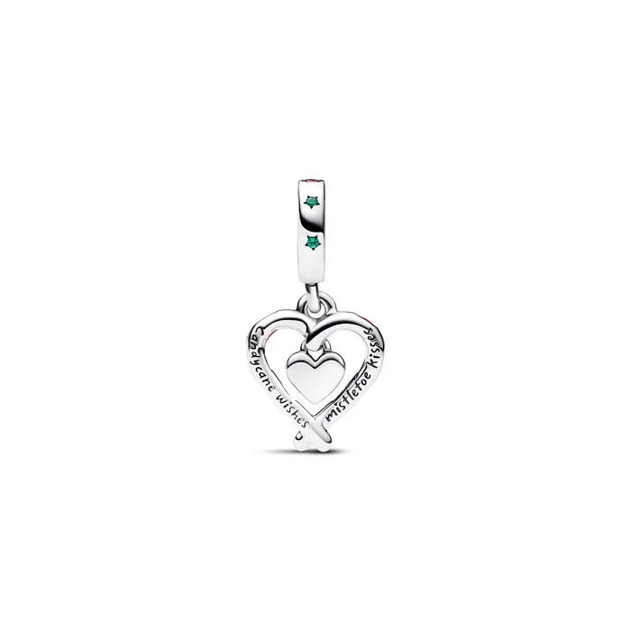 Double Candy Cane Heart Christmas Dangle Charm - Festive candy cane heart dangle, perfect for holiday jewelry collections.