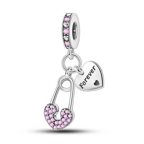 Forever Silver Heart with pink lock Charm - Forever Silver Heart with pink lock Charm