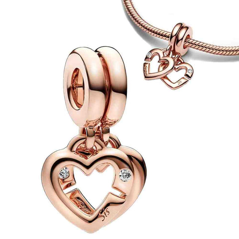 Double Heart Rose Gold Charm with Crystals - Double Heart Charm in rose gold with interlocking hearts and crystal accents, perfect for symbolizing love and unity.