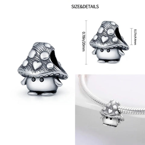 Cute Sterling Silver Mushroom Charm with Heart Accents - Cute Sterling Silver Mushroom Charm with Heart Accents