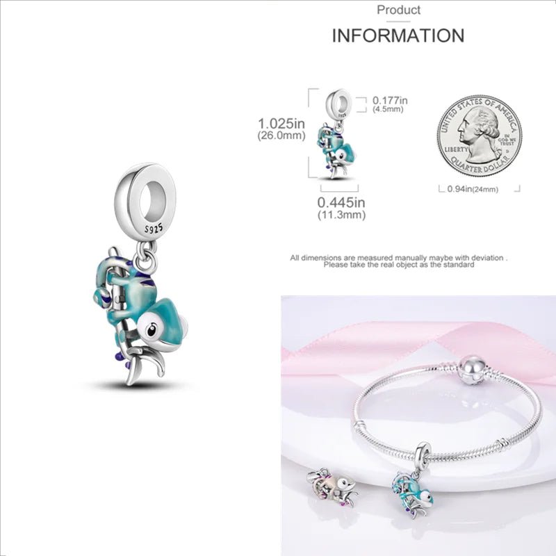 Temperature-sensitive chameleon charm in sterling silver, fits Pandora bracelets, showcasing blue and purple color changes.