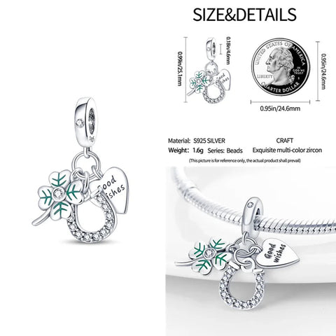 Good Wishes Charm with Clover and Horseshoe in Sterling Silver