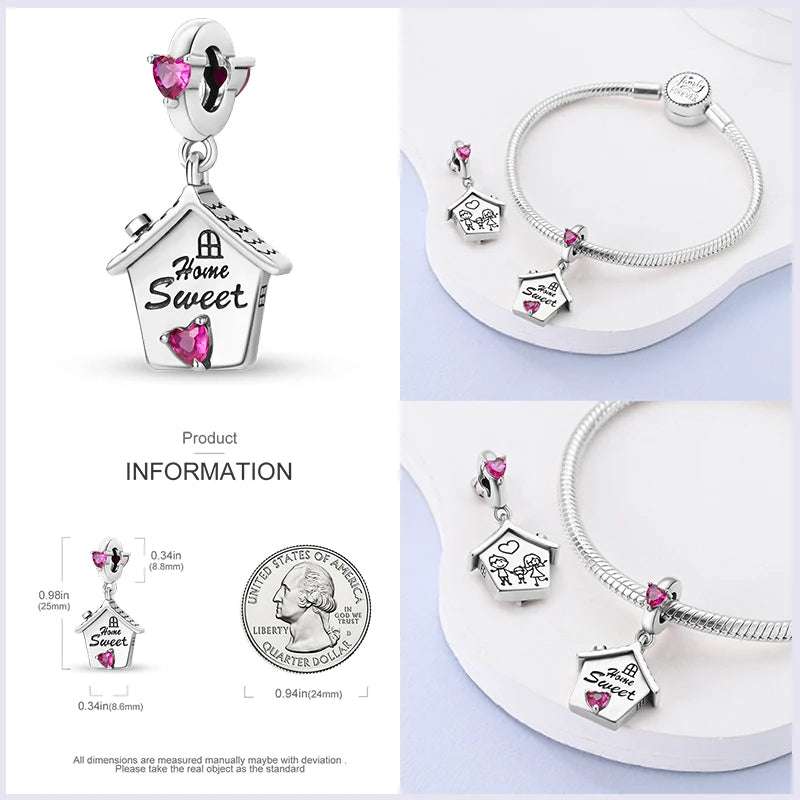 Detailed house-charm with "Home Sweet Home" engraving and pink heart crystals in sterling silver, compatible with Pandora bracelets.