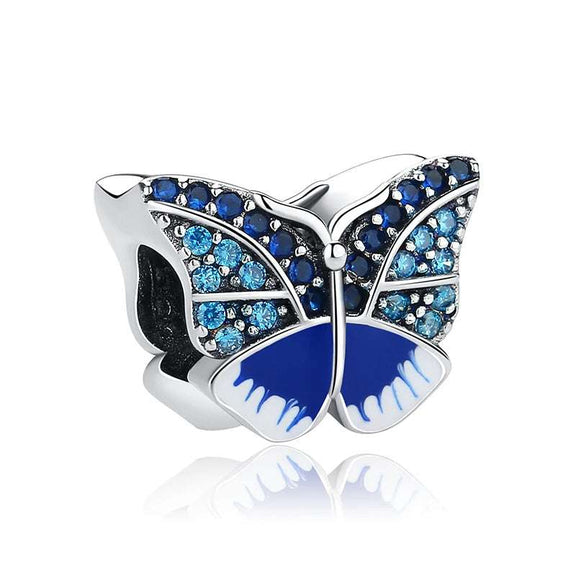 Blue Enchanted Butterfly Crystal Charm for Bracelets - Sterling silver butterfly charm with blue crystals for bracelets for pandora