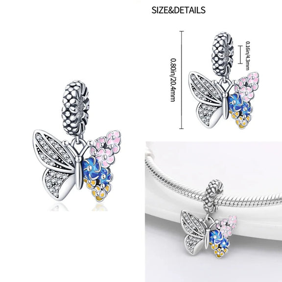 Sterling Silver Butterfly Charm with Colorful Enamel Flowers for Pandora Bracelets - Sterling silver butterfly charm with colorful enamel flowers and cubic zirconia.