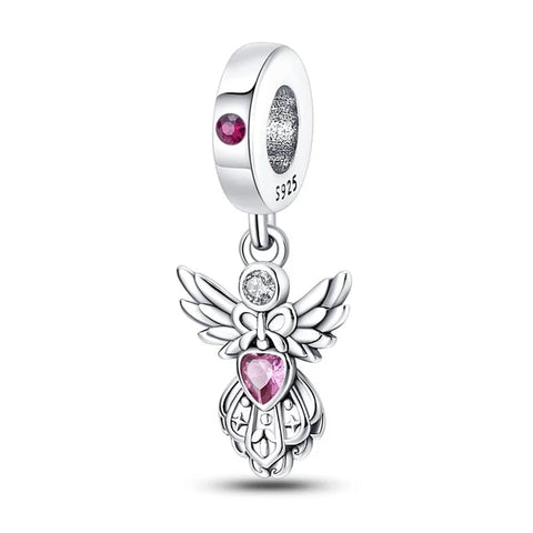 Sterling Silver Angel Charm with Pink Heart Gem for Pandora Bracelets - Sterling silver angel charm for bracelets with a pink heart gem and clear cubic zirconia halo.