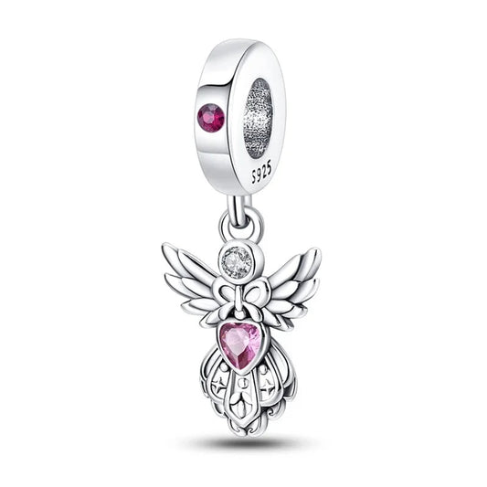 Sterling silver angel charm for bracelets with a pink heart gem and clear cubic zirconia halo.