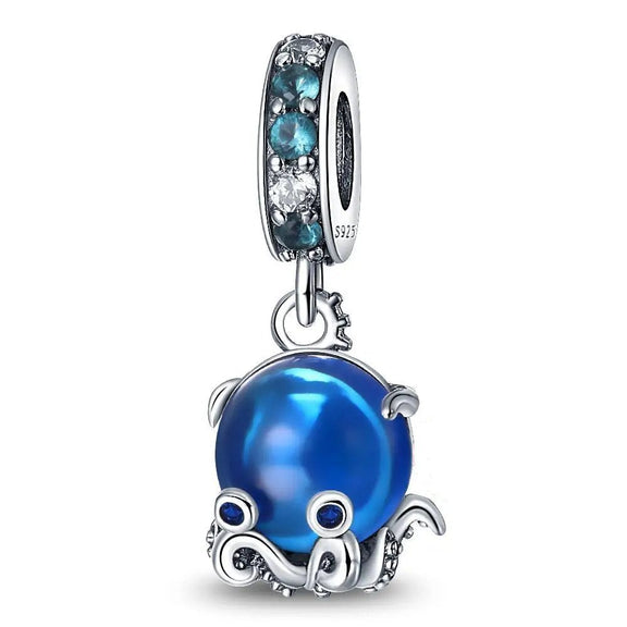 Sterling Silver Blue Pearl Octopus Charm for Pandora Bracelets - Sterling silver charm for bracelets featuband a blue pearl embraced by an octopus with blue.