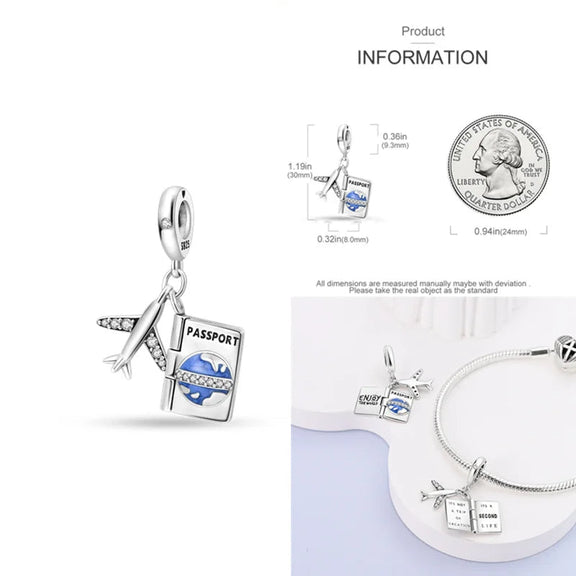 Sterling Silver Travel Charm with Passport and Airplane for Pandora Bracelets - Detailed sterling silver charm featuring a passport and an airplane, perfect for travel lovers, fits Pandora bracelets.