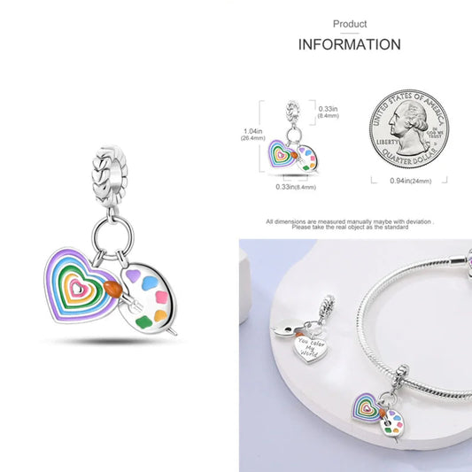 Sterling silver charm with rainbow heart and paint palette for Pandora bracelets.