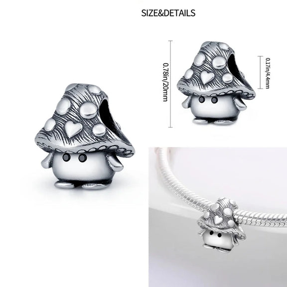 Cute Sterling Silver Mushroom Charm with Heart Accents - Sterling silver mushroom charm with heart details, fits Pandora bracelets, whimsical.