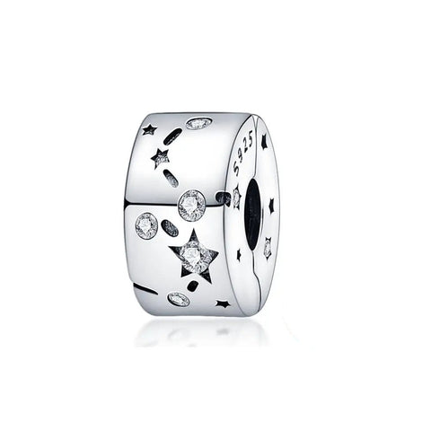 Sterling silver charm for bracelets, featuband a starry night design with sparkling stones.