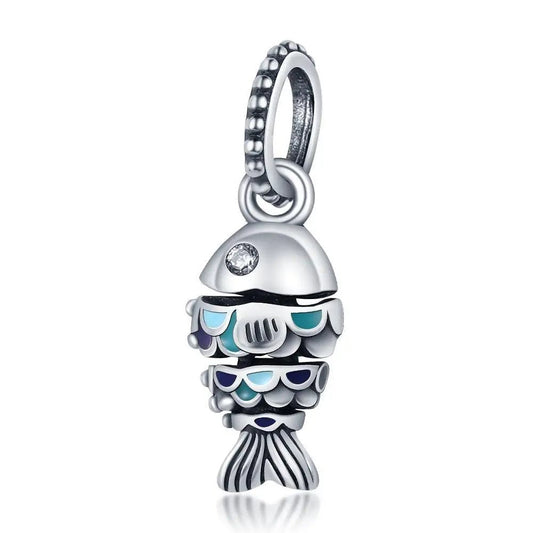 Sterling silver fish charm for bracelets with colorful enamel scales and detailed design.