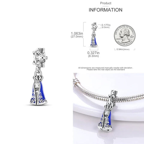 Detailed Virgin Mary charm in sterling silver with intricate blue enamel, designed for Pandora bracelets.