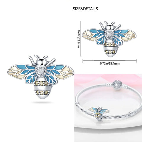 Sterling Silver Enamel Bee Charm with Crystals for Pandora Bracelets - Sterling silver bee charm with blue and cream enamel wings, a heart-shaped crystal,.