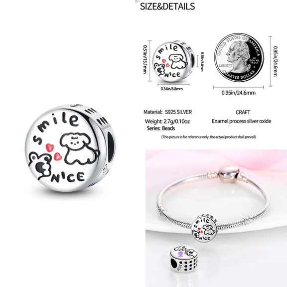 Sterling Silver Smile and Nice Puppy Charm for Pandora Bracelets - Sterling silver charm with smile and nice puppy design, perfect for Pandora bracelets.