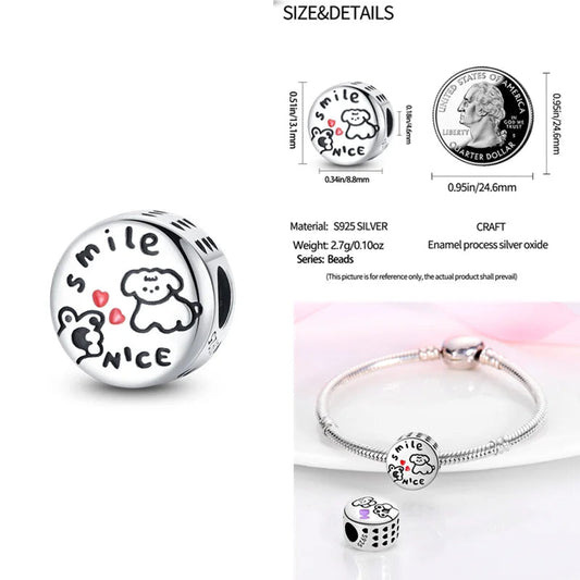 Sterling silver charm with smile and nice puppy design, perfect for Pandora bracelets.