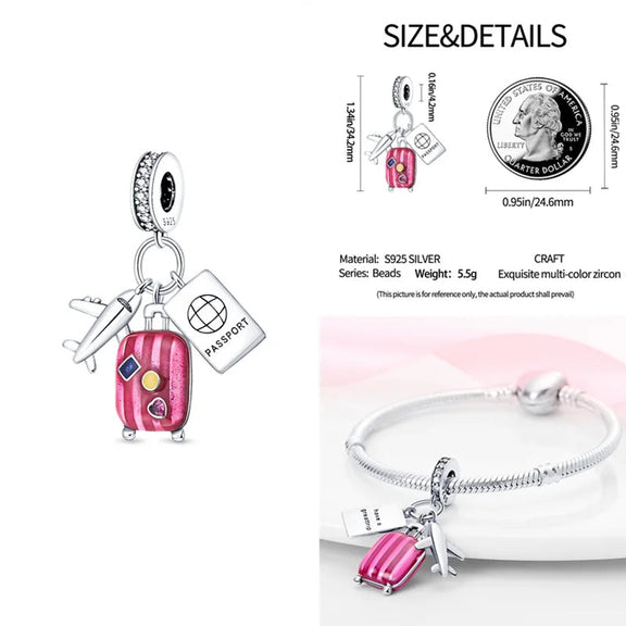 Plane, Passport and Pink Suitcase Triple Dangle Charm - Sterling silver charm with pink suitcase, airplane, and passport.