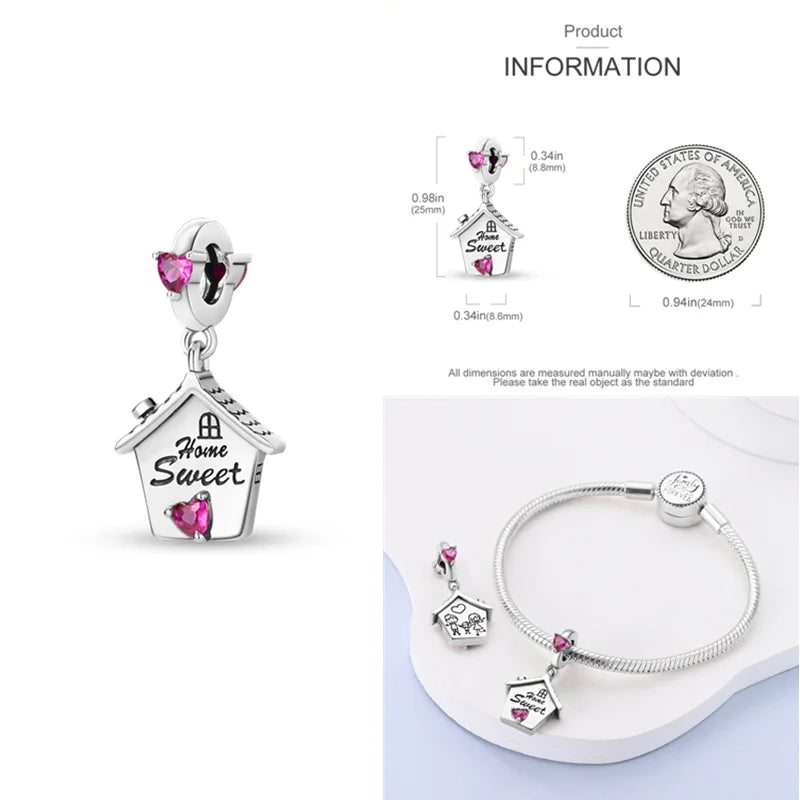 Detailed house-shaped charm with "Home Sweet Home" engraving and pink heart crystals in sterling silver, compatible with Pandora bracelets.