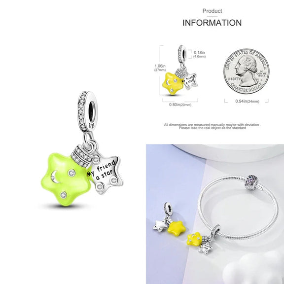 Sterling Silver Sparkle Charm with Yellow Star for Pandora Bracelets - Sterling silver charm with a yellow star and "Sparkle" inscribed pendant, fits Pandora bracelets.