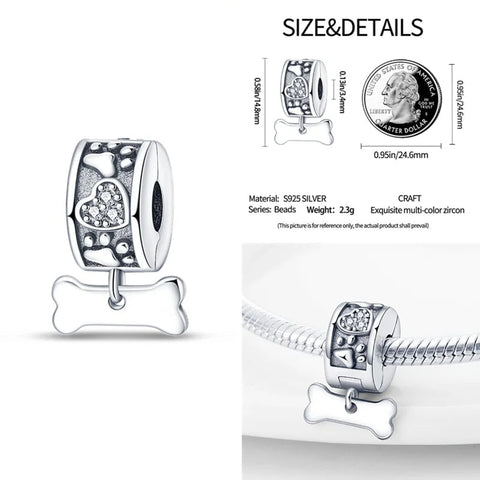 Sterling silver dog bone charm with heart and paw prints for Pandora bracelets.