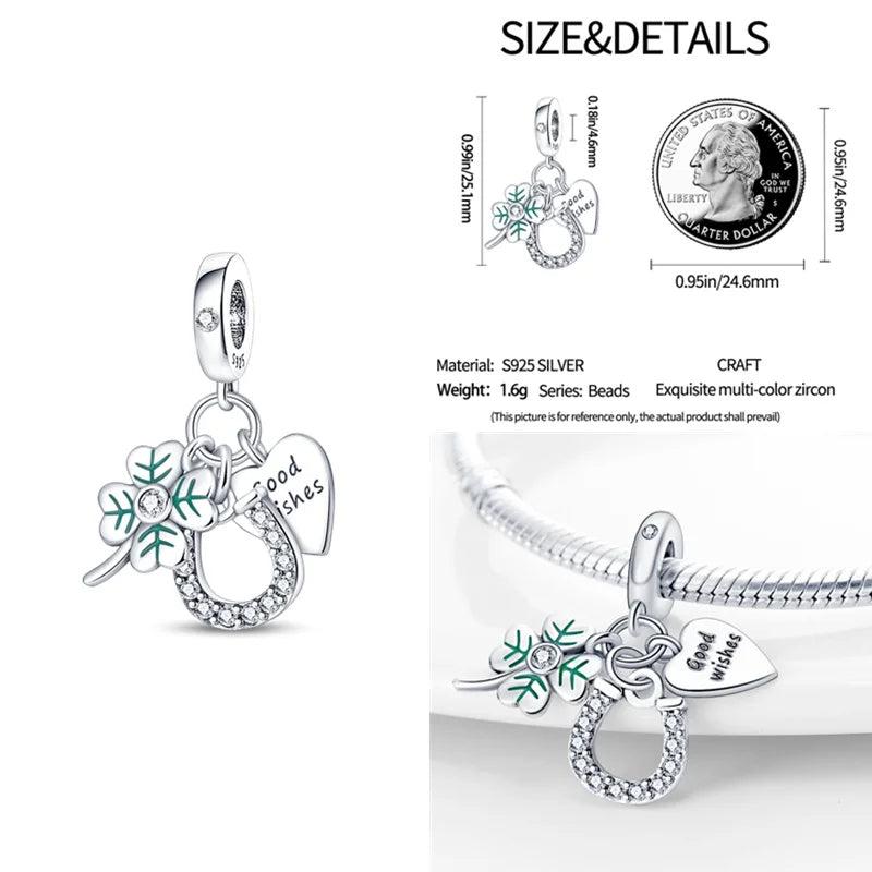 Sterling silver Good Wishes charm with clover, horseshoe, and heart tag for Pandora bracelets.