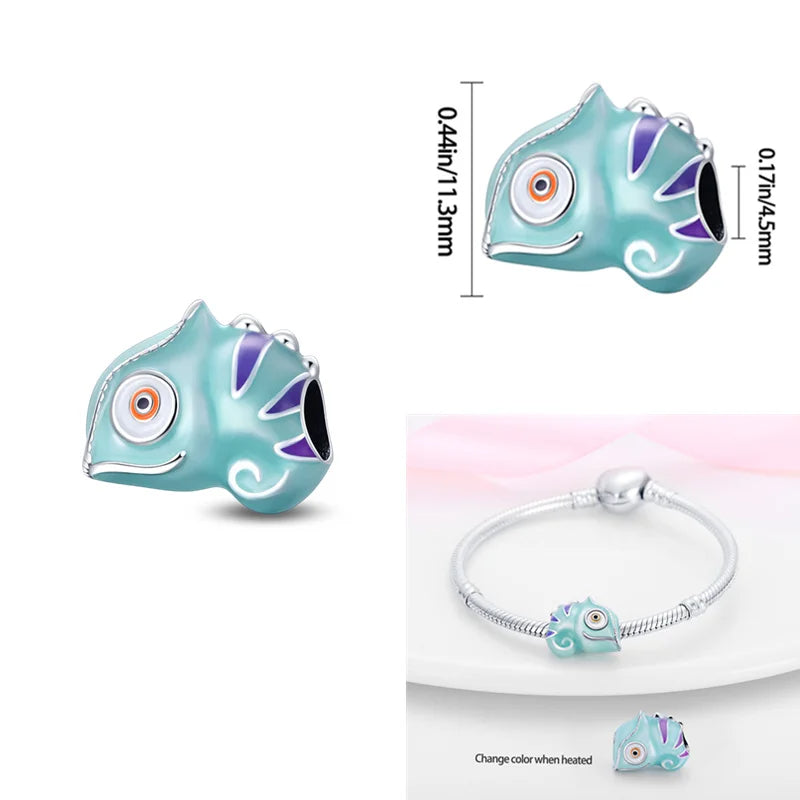 Sterling silver chameleon charm with turquoise and purple enamel, fits Pandora bracelets.