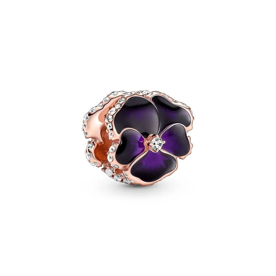 Rose gold charm with deep purple flower