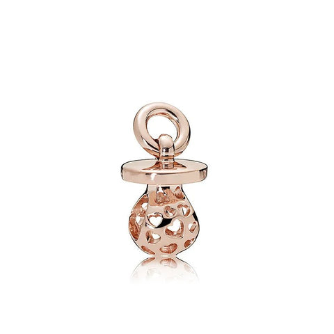 Adorable Rose Gold Pacifier Charm with Heart Cutouts - Rose gold pacifier charm with heart-shaped cutouts, perfect for charm bracelets or necklaces.
