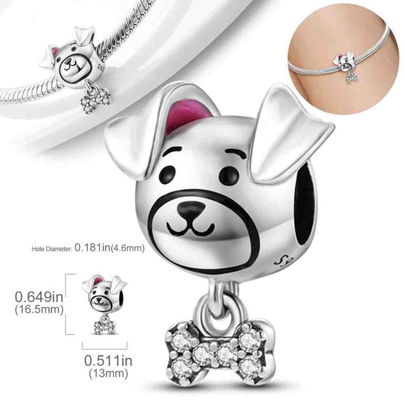 Adorable Puppy with Bone Sterling Silver Charm - Adorable puppy with bone charm in sterling silver, fits Pandora bracelet.