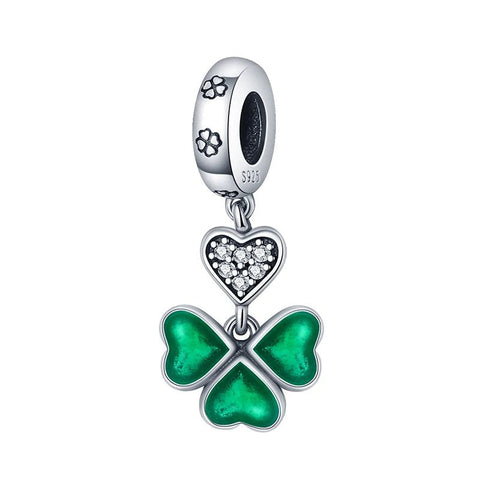 Sterling Silver Four-Leaf Clover Charm Green Enamel Heart Detailing - Sterling silver four-leaf clover charm with green enamel and heart.