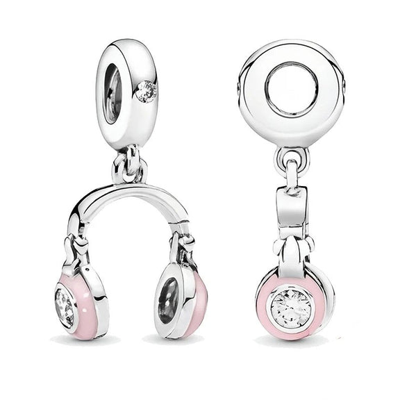 Sterling Silver Pink Enamel Headphones Charm - Sterling silver pink enamel headphones charm with crystals