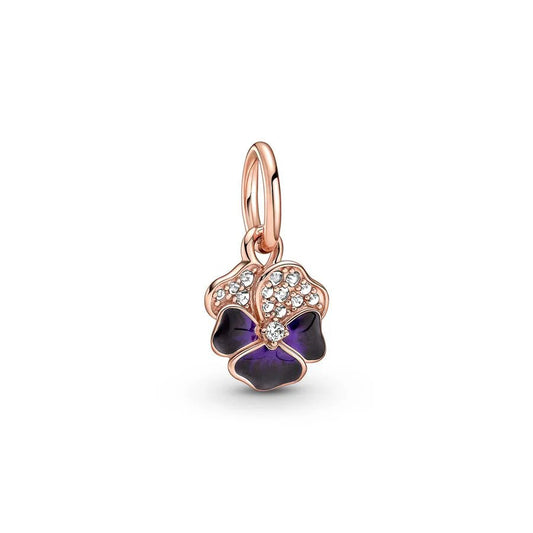 Rose gold dangle charm with purple flower and crystals