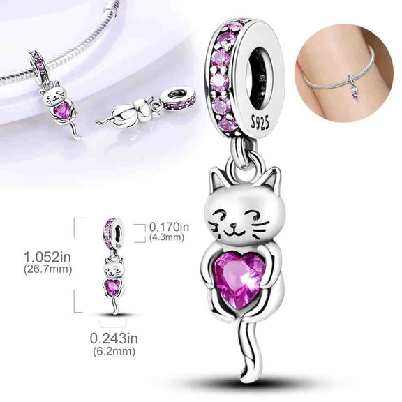 Sterling Silver Cat Holding Heart Charm - Sterling silver cat charm holding a pink heart, fits Pandora bracelet.