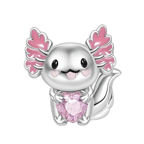 Sterling Silver Axolotl Charm with Pink Heart - Sterling Silver Axolotl Charm with Pink Heart