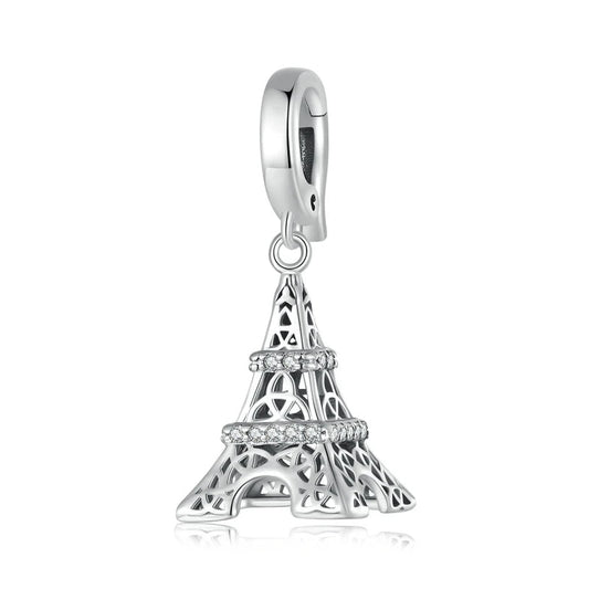 Sterling silver Eiffel Tower charm with rhinestone bands.