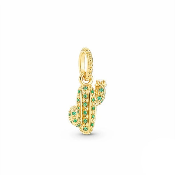 Gold Green Cactus Charm with Gemstone Accents - Gold cactus charm with green gemstone accents