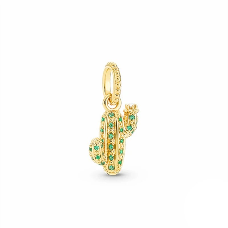 Gold cactus charm with green gemstone accents