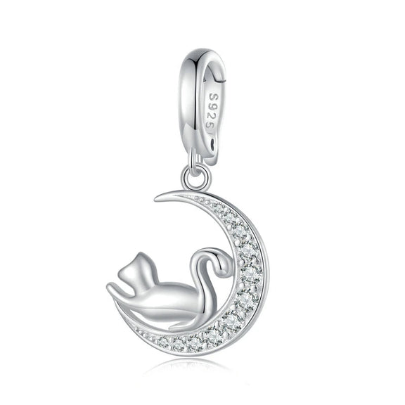 Sterling Silver Cat on Crescent Moon Charm with Rhinestones - Sterling silver cat on crescent moon charm with rhinestones.