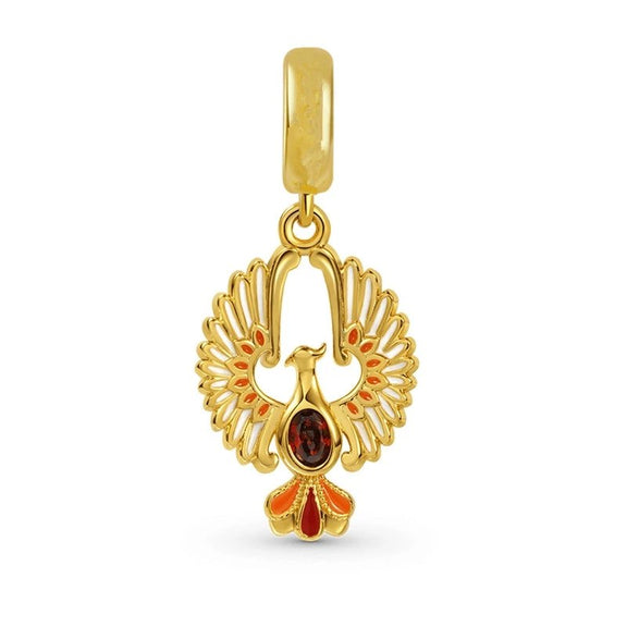 Gold Phoenix Charm with Enamel and Gemstone Details - Gold phoenix charm with enamel and gemstone details